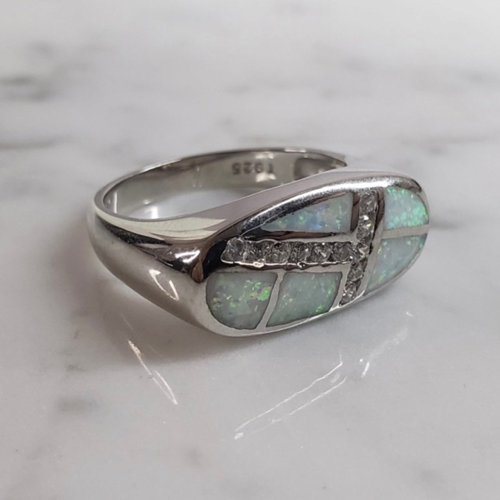 Womens Vintage Estate Sterling Silver Modernist Opal Ring - Picture 4 of 5